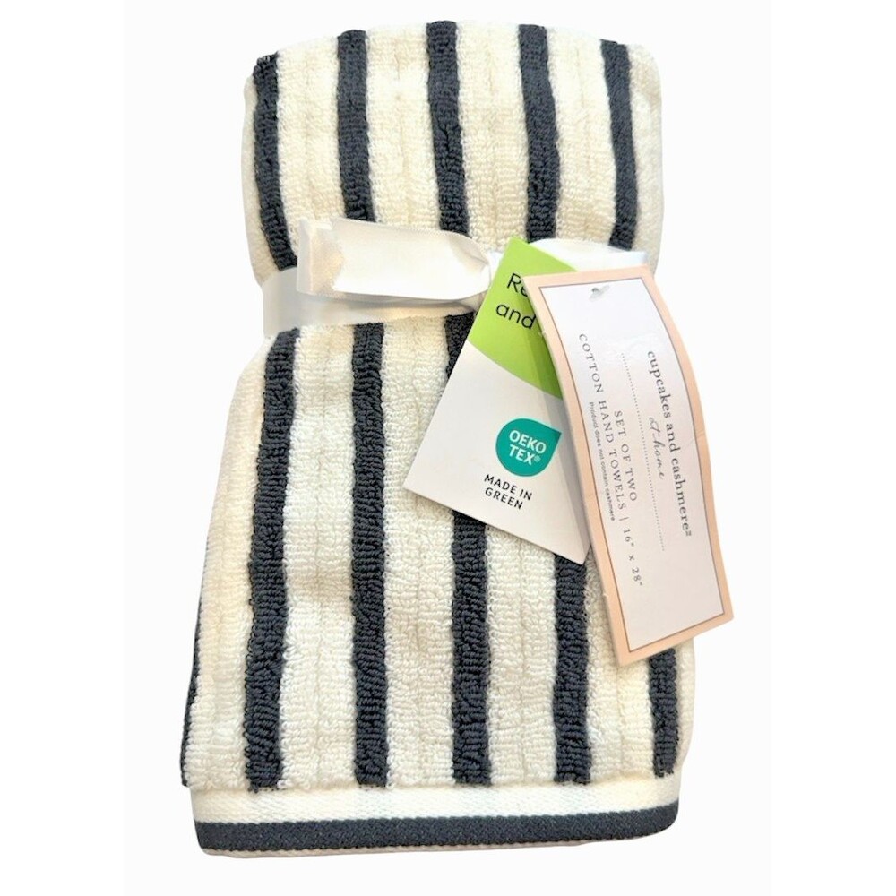 cupcakes and cashmere Hand Towels Striped Cream Gray 16x28" Set of 2 Cotton
